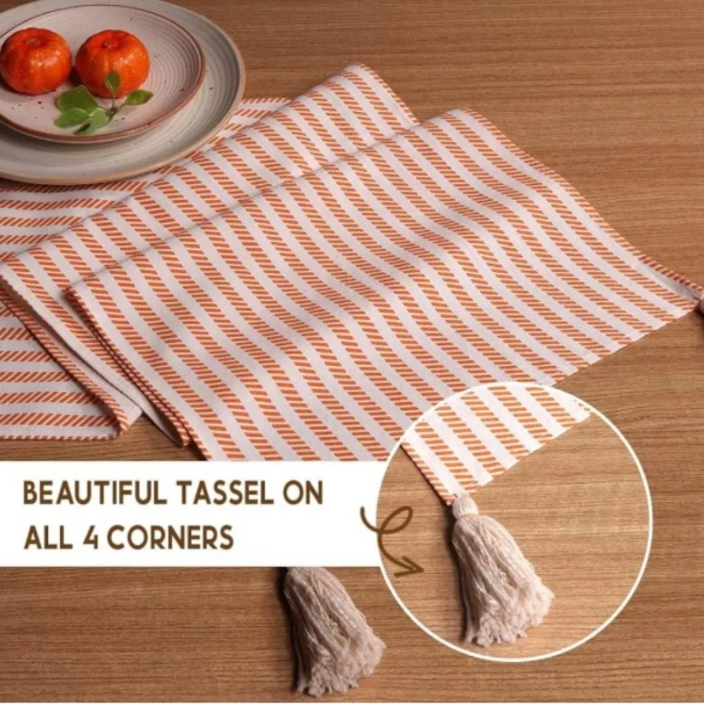 Striped Table Runner Cream with Orange Stripes Table Setting  72 x 14 inches